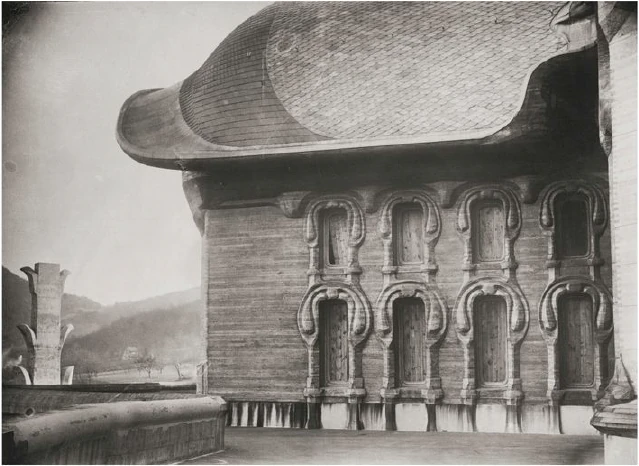 Terrace and north wing from the west; on the left, the chimney of the boiler house